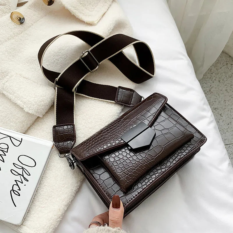 Vintage PU fabric crossbody bag showing dimensions and colour options