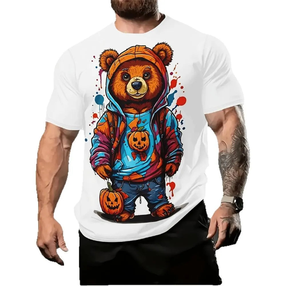 Men's loose fit cartoon 3D printed short sleeve T-shirt in milk silk linen blend fabric