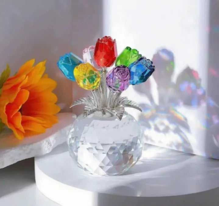 Handmade K9 crystal glass rose ornament in geometric Chinese style on a table.