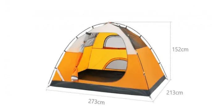 Orange portable 2-person camping tent with fibreglass poles set up outdoors