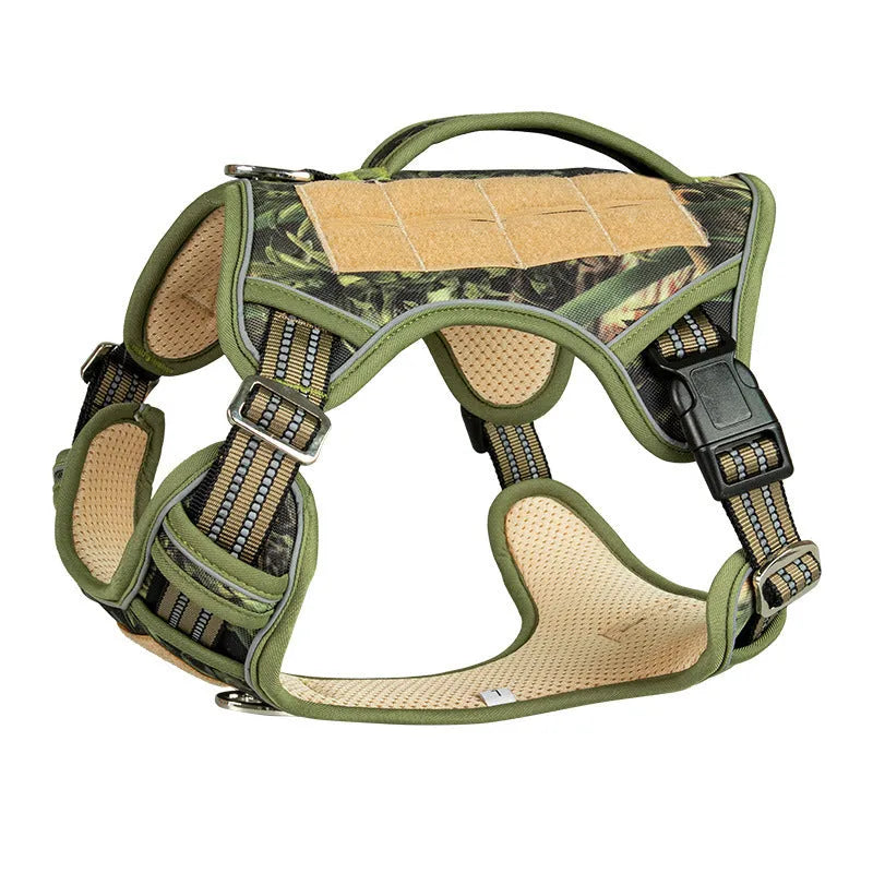Black Oxford cloth tactical chest strap for a large search and rescue working dog.