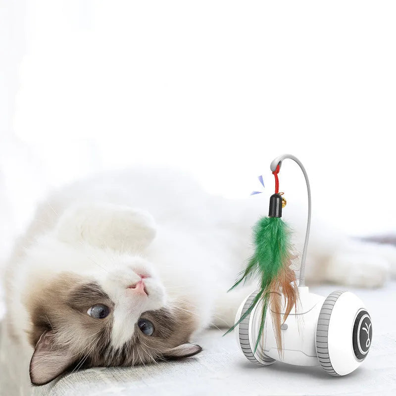 Interactive cat toy with interchangeable heads, white grey, USB powered, 11.5x7x18cm