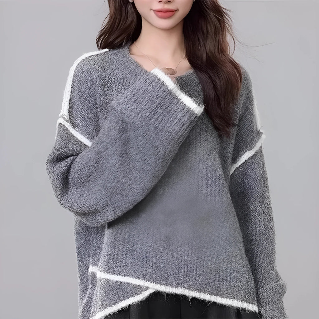 Women's loose fit pullover jumper in gray, made from cotton with regular sleeves and free size design