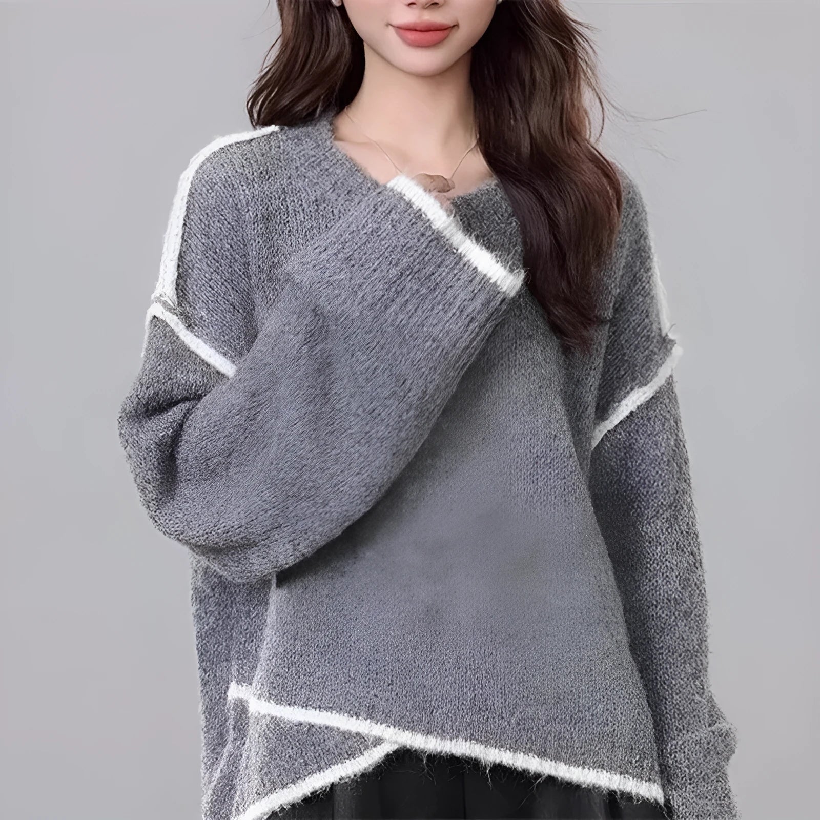Women's loose fit pullover jumper in gray, made from cotton with regular sleeves and free size design