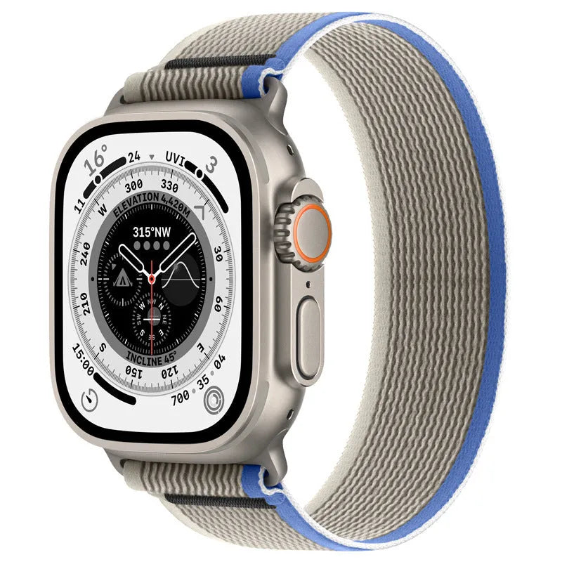 Nylon single ring watch strap for Apple Watch in multiple colour options on a grey background.