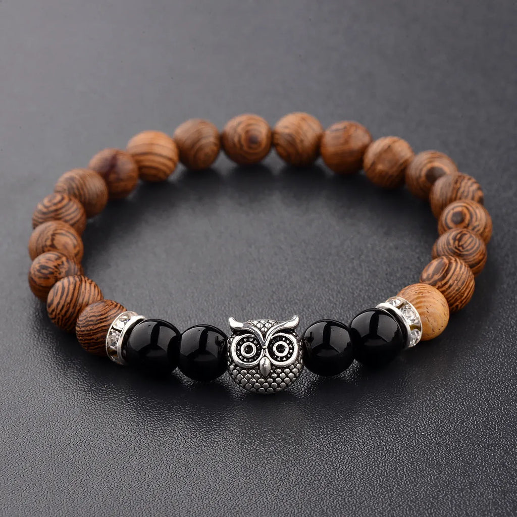 Owl frosted stone lifeline wood grain bracelet with wood beads alloy stone in black and gold colour options