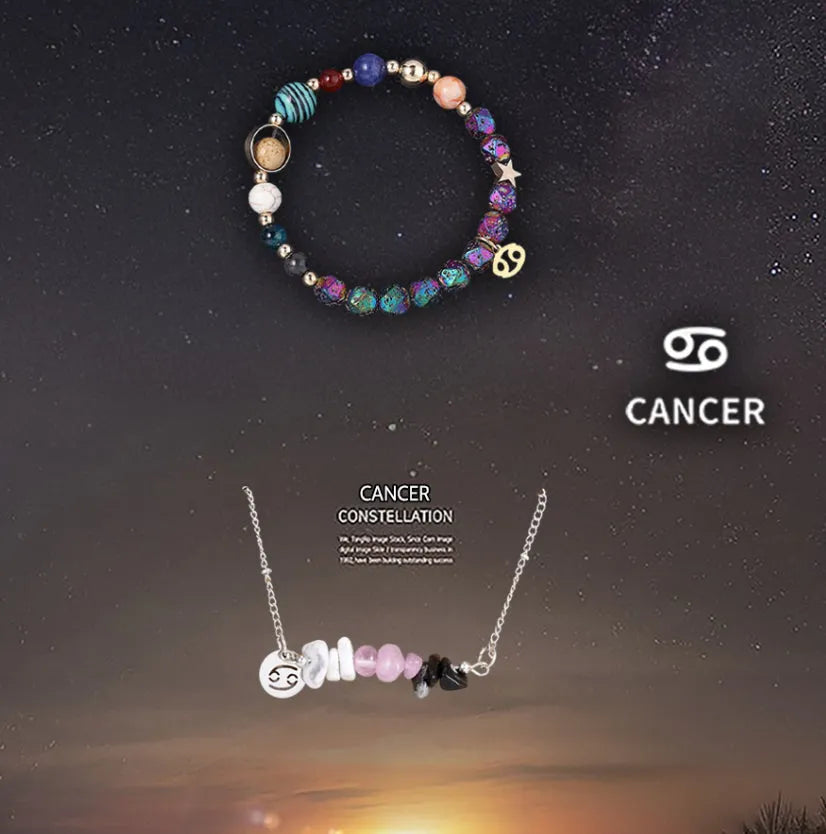 Natural stone necklace and bracelet set on display showing zodiac sign style options
