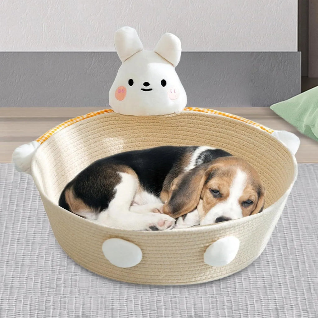 Woven cotton rope cat bed with scratching surface in Bear design, shown in medium size.