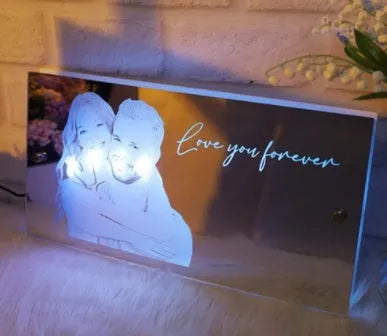 Personalised acrylic LED name mirror light with custom photo, soft glow, and remote control