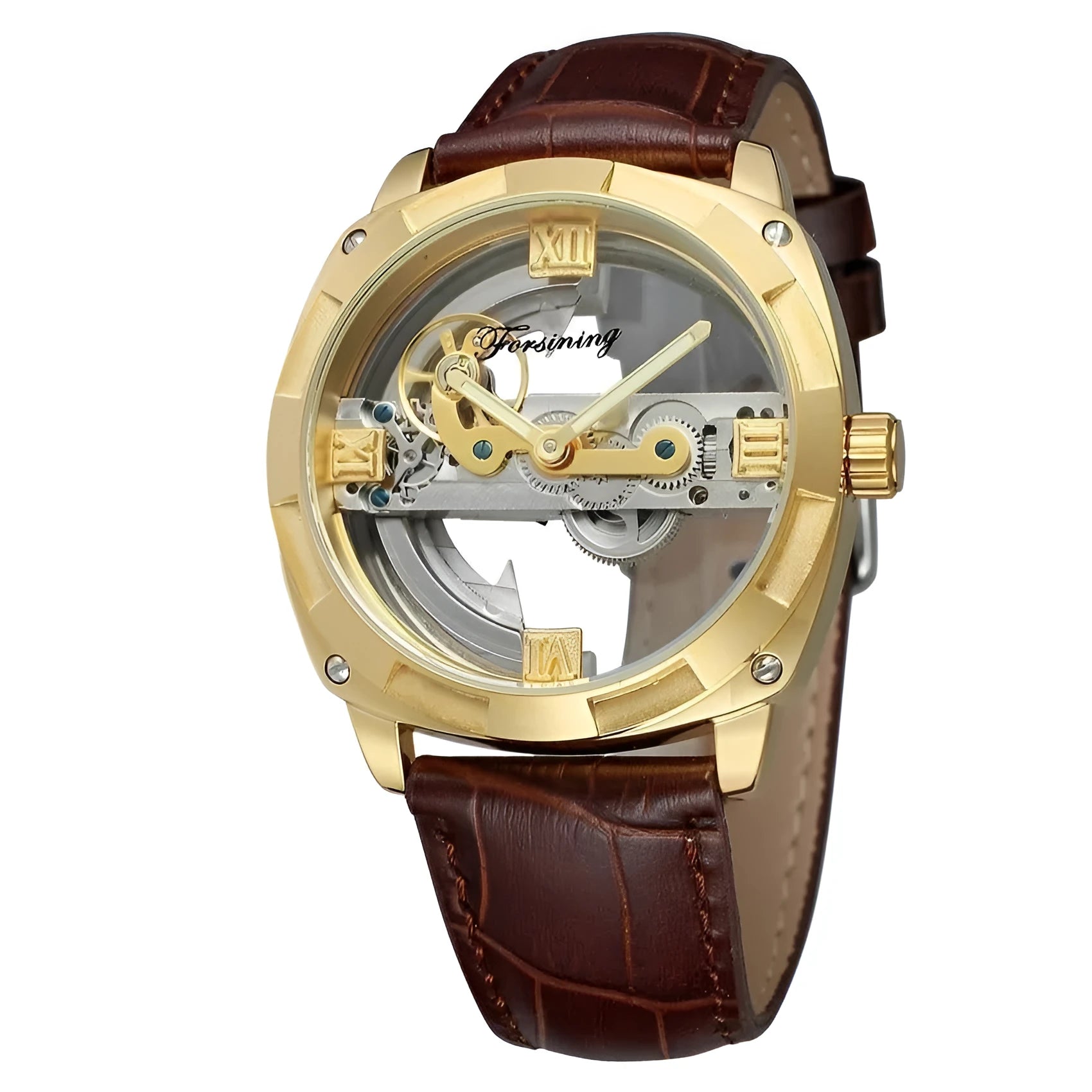 Men's automatic tourbillon watch with black belt and gold case on a light background
