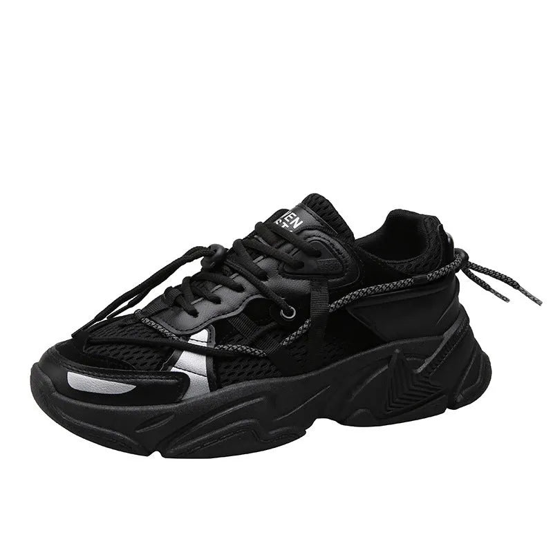 Men's white Korean style platform sports shoes with lace-up front on a plain background.