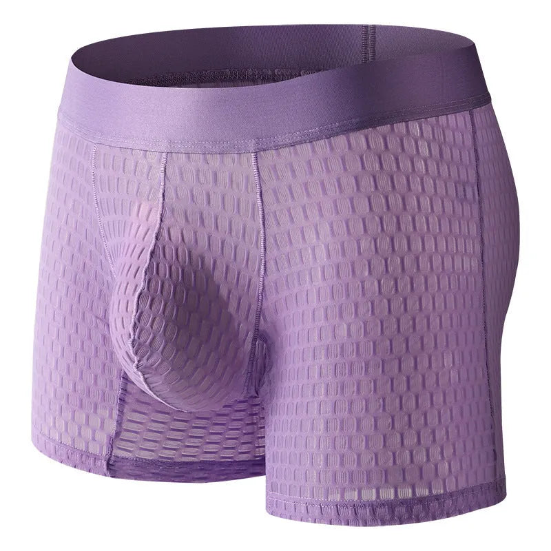 Men's lace mesh boxer shorts in black, white, red, green, or light purple with geometric pattern