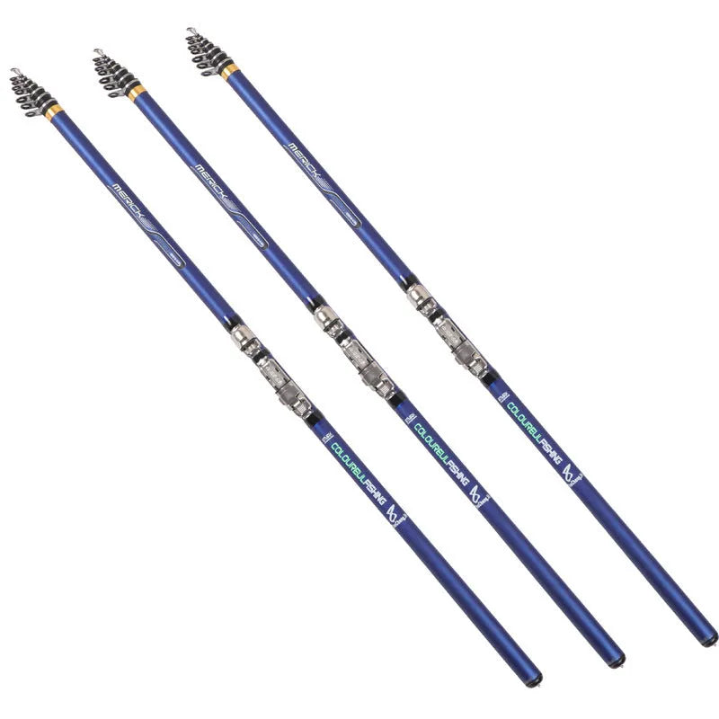 Blue telescopic carbon rock fishing rod extended on a rocky shore for sea fishing