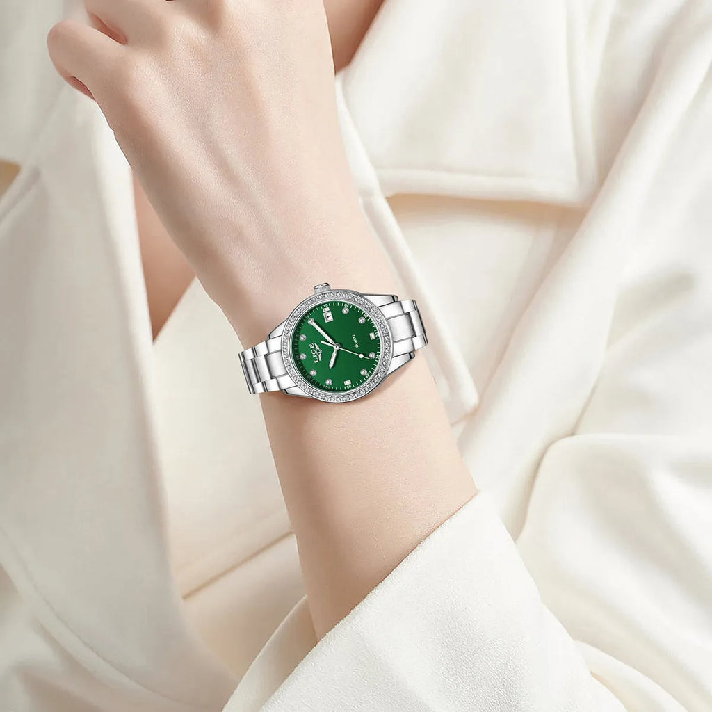 Fashion Girl quartz watch with diamond-encrusted bezel, silver stainless steel bracelet, round 34mm dial with luminous hands