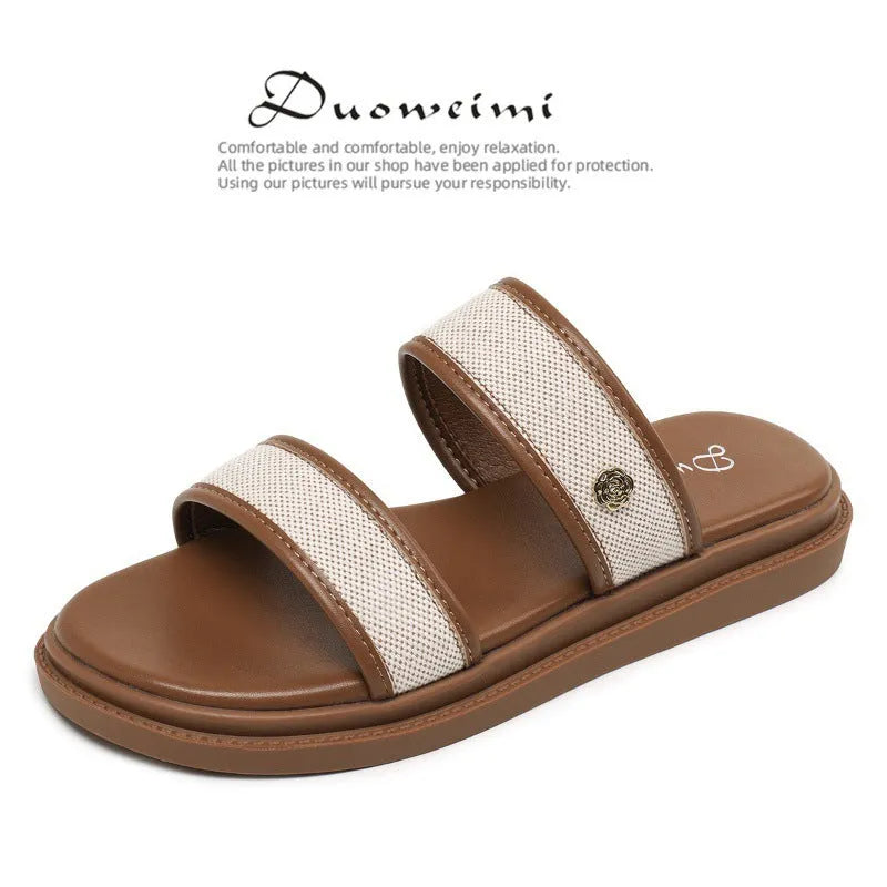 Women's vintage brown and black soft-bottom flip-flops made from artificial PU leather, showing retro strap design.