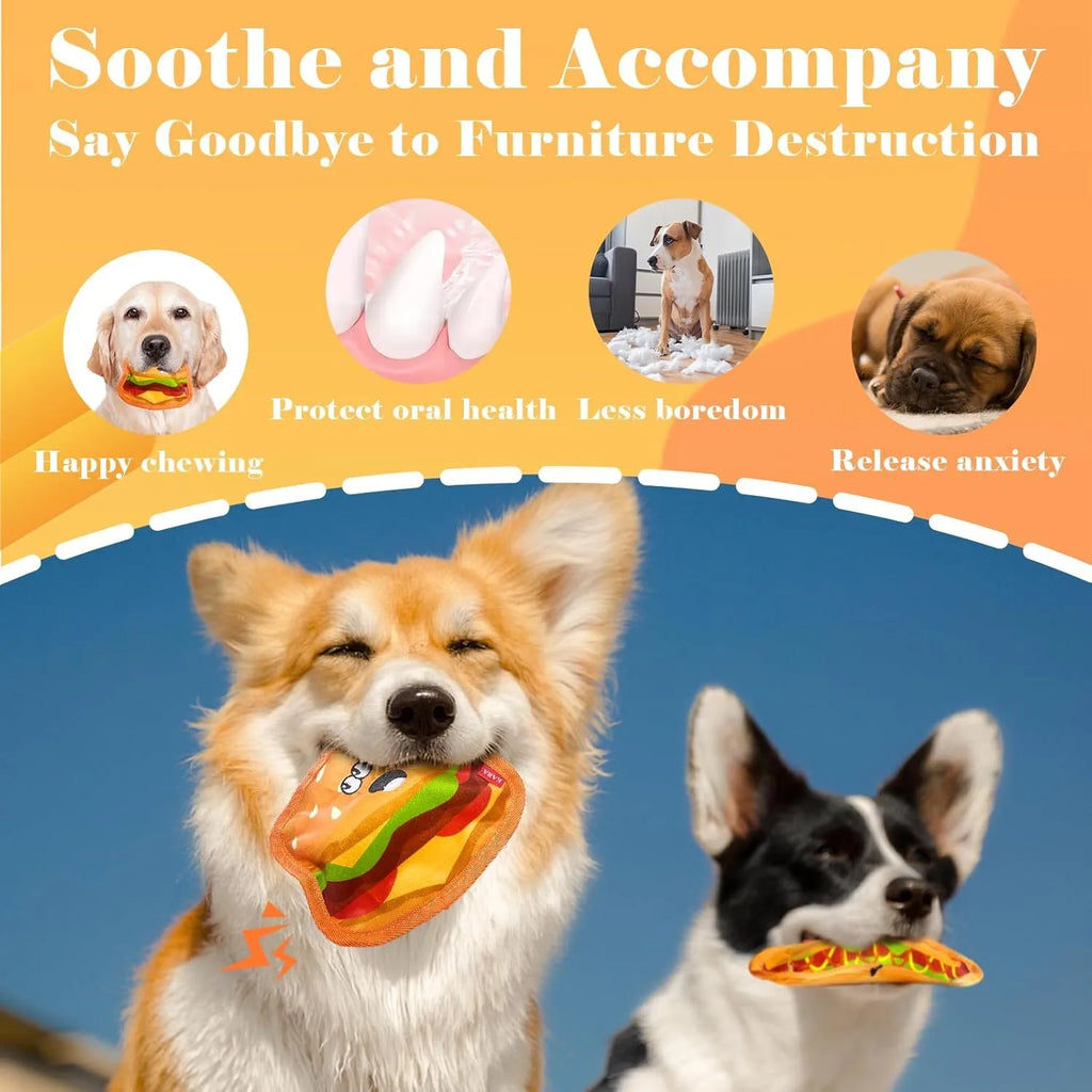 Colourful hamburger, fries, hot dog, and pizza shaped dog chew toys with crinkle and squeak features