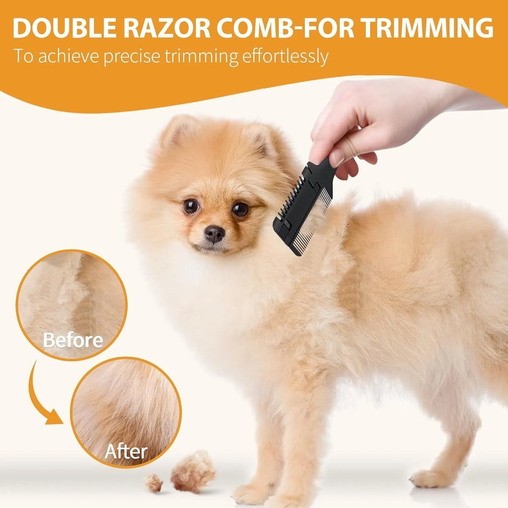 Pet grooming razor comb with comb and blade attachments plus 10 spare blades