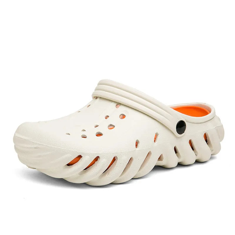 Men's beige EVA slippers sandals with hollow-out design and round toe