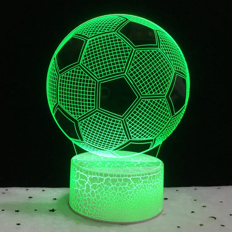 3D acrylic football night light displaying blue colour on a square black ABS base with USB cable.