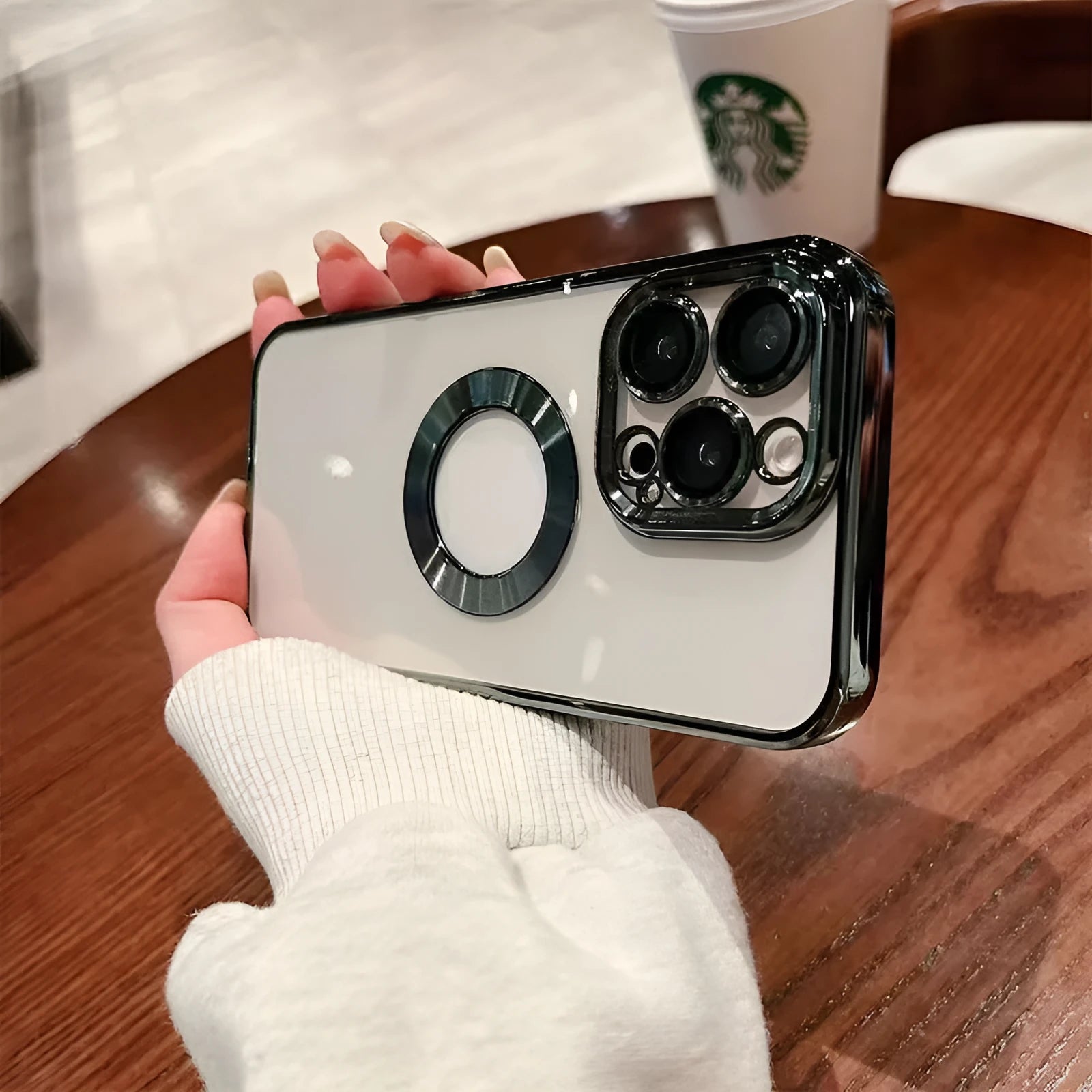 Transparent TPU phone case with electroplated CD pattern for iPhone 14 and 15 series