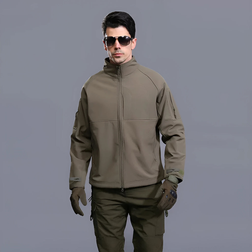 Men's outdoor jacket coat thin commander stand collar loose fit polyester autumn hiking cycling black colour view