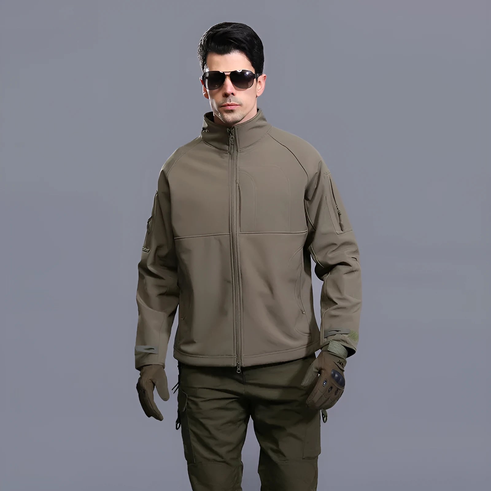 Men's outdoor jacket coat thin commander stand collar loose fit polyester autumn hiking cycling black colour view