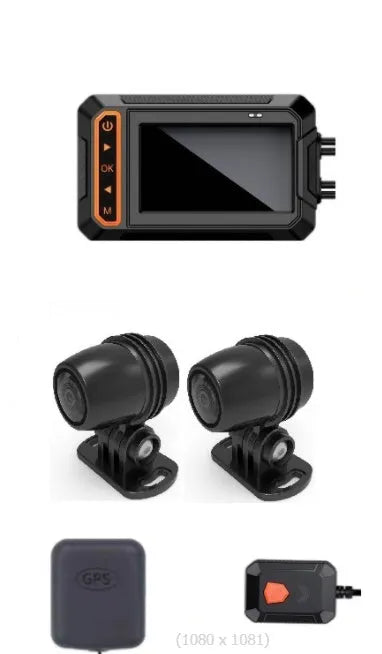 MT65 motorcycle camera with 3-inch display shown mounted on a bike armrest