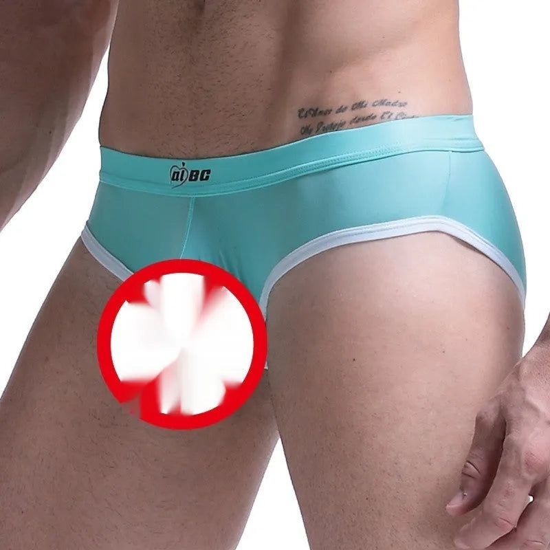 Men's army green ice silk bazooka briefs showing bullet separation and mid waist design