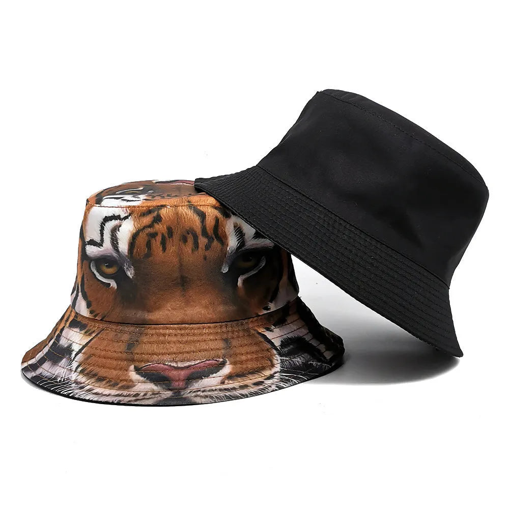 Khaki tiger pattern bucket hat with dome crown on a neutral background
