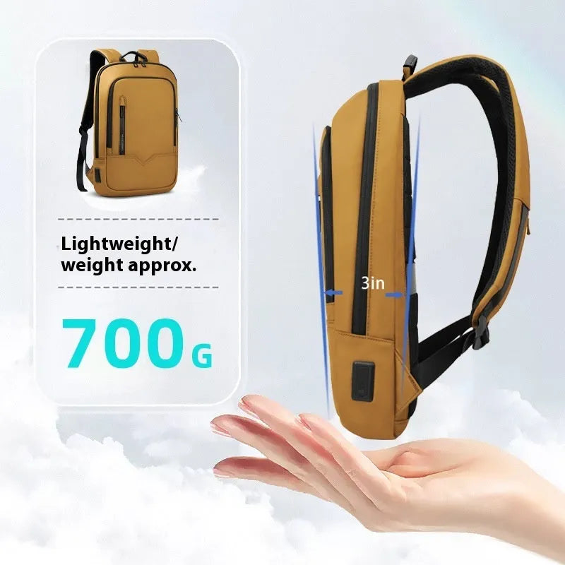 Solid colour polyester laptop backpack with USB charging port shown in olive green.
