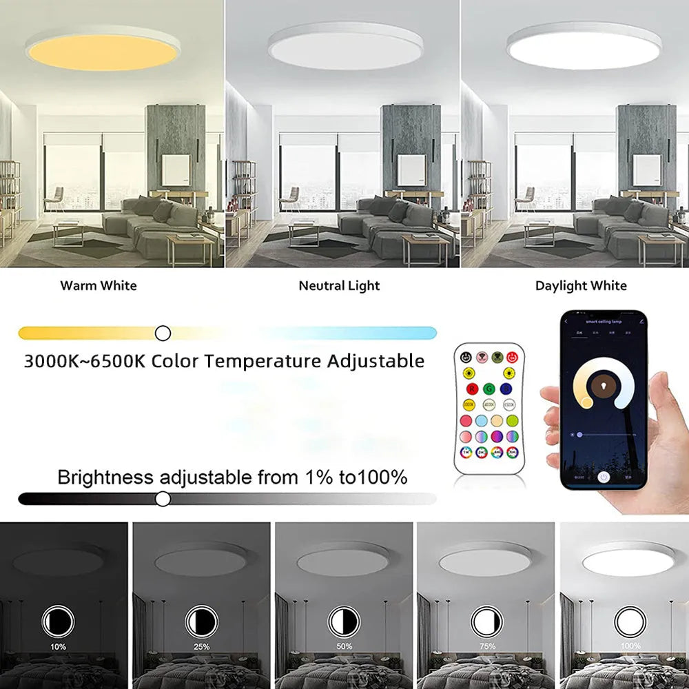 RGBCW intelligent bluetooth ceiling lamp in black or white finish, 300mm diameter, with app and remote control for colour and dimming