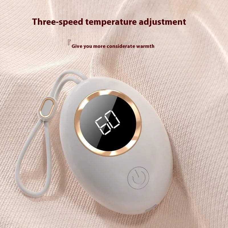 USB-powered hand warmer power bank with digital display in various colour options.