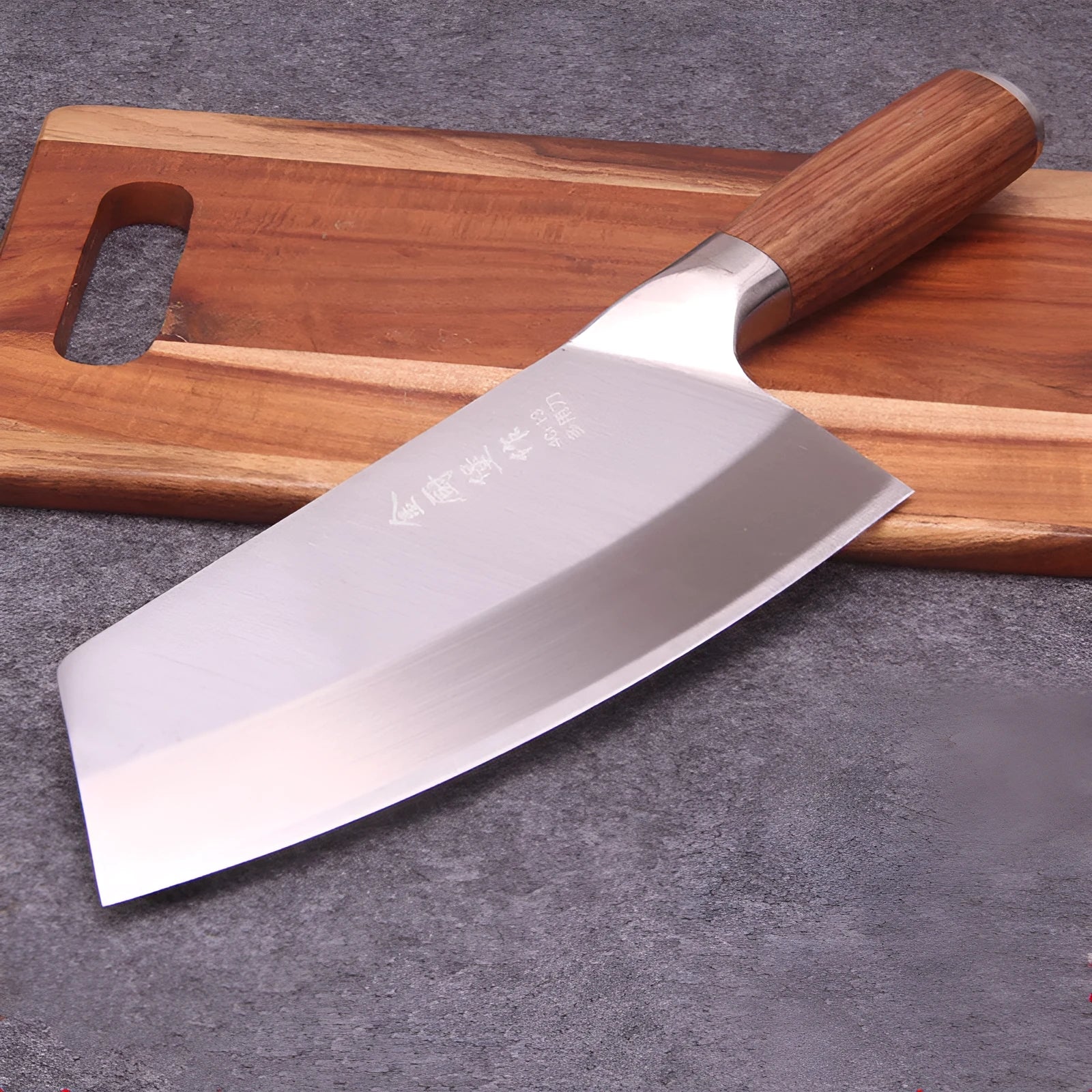 Stainless steel kitchen knife with 19.8cm blade, 60 degree edge, and yellow wooden handle on a cutting board
