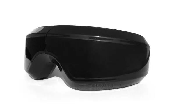 Black rechargeable eye massager with LCD screen, adjustable headband, and Bluetooth music player showing air pressure and hot compress functions