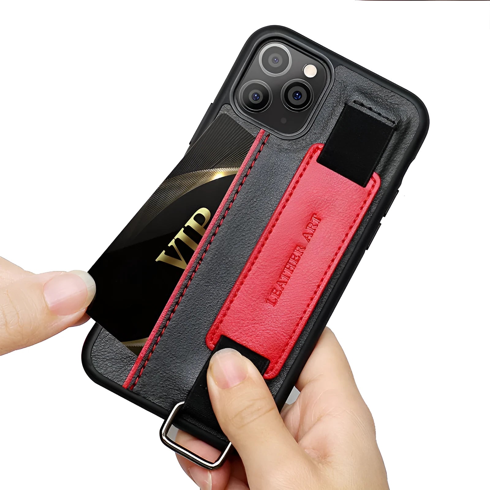 Brown imitation leather wallet-style iPhone case with a detachable wrist strap, shown attached to an iPhone 12.