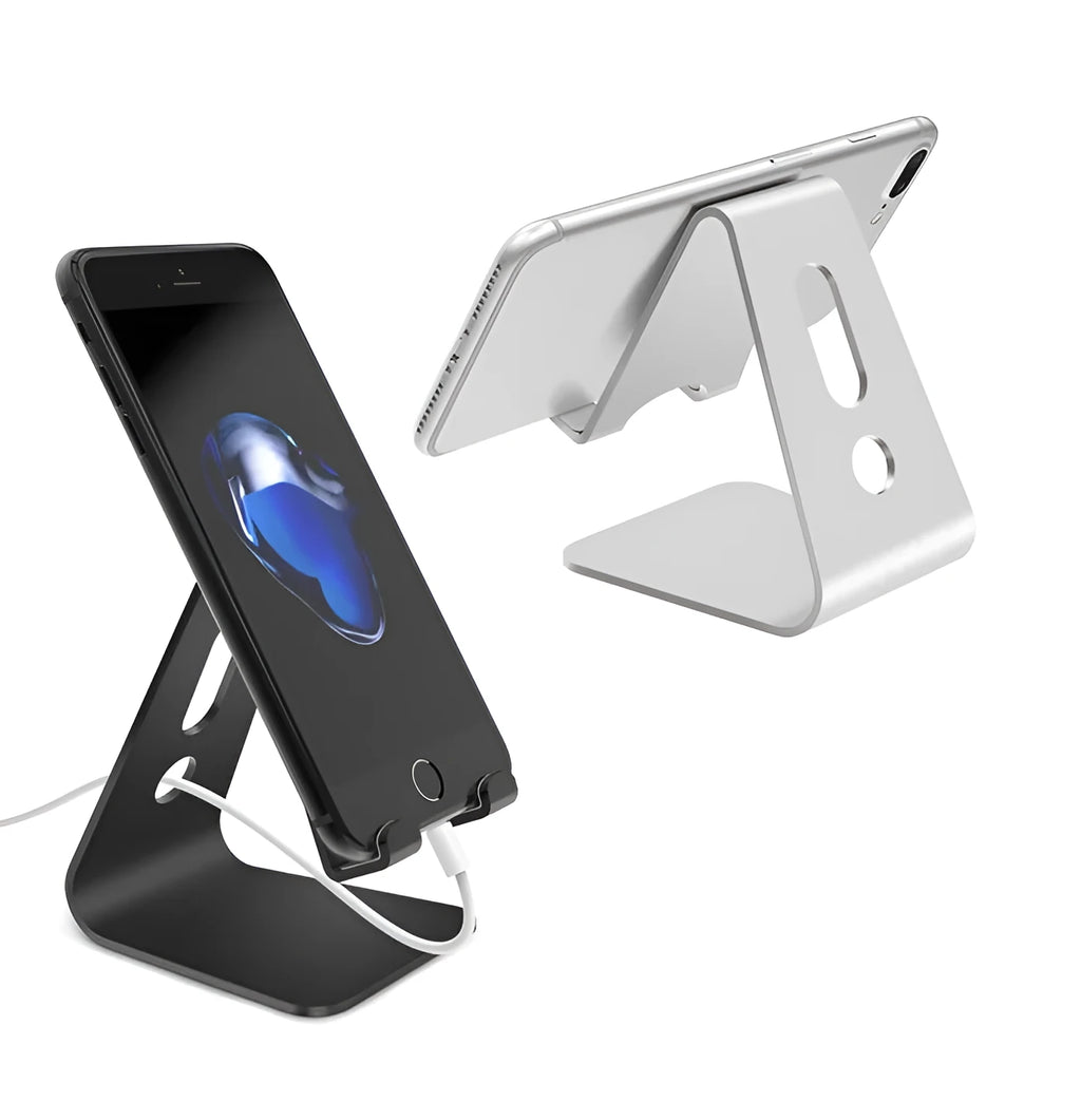 Metal aluminium alloy phone stand holding a mobile phone, available in black, red, rose gold, and silver colours