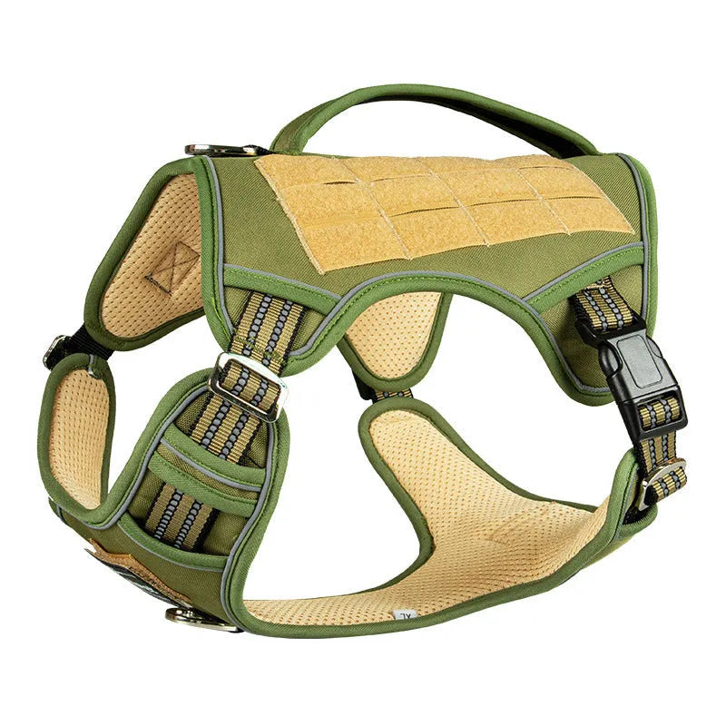 Black Oxford cloth tactical chest strap for a large search and rescue working dog.