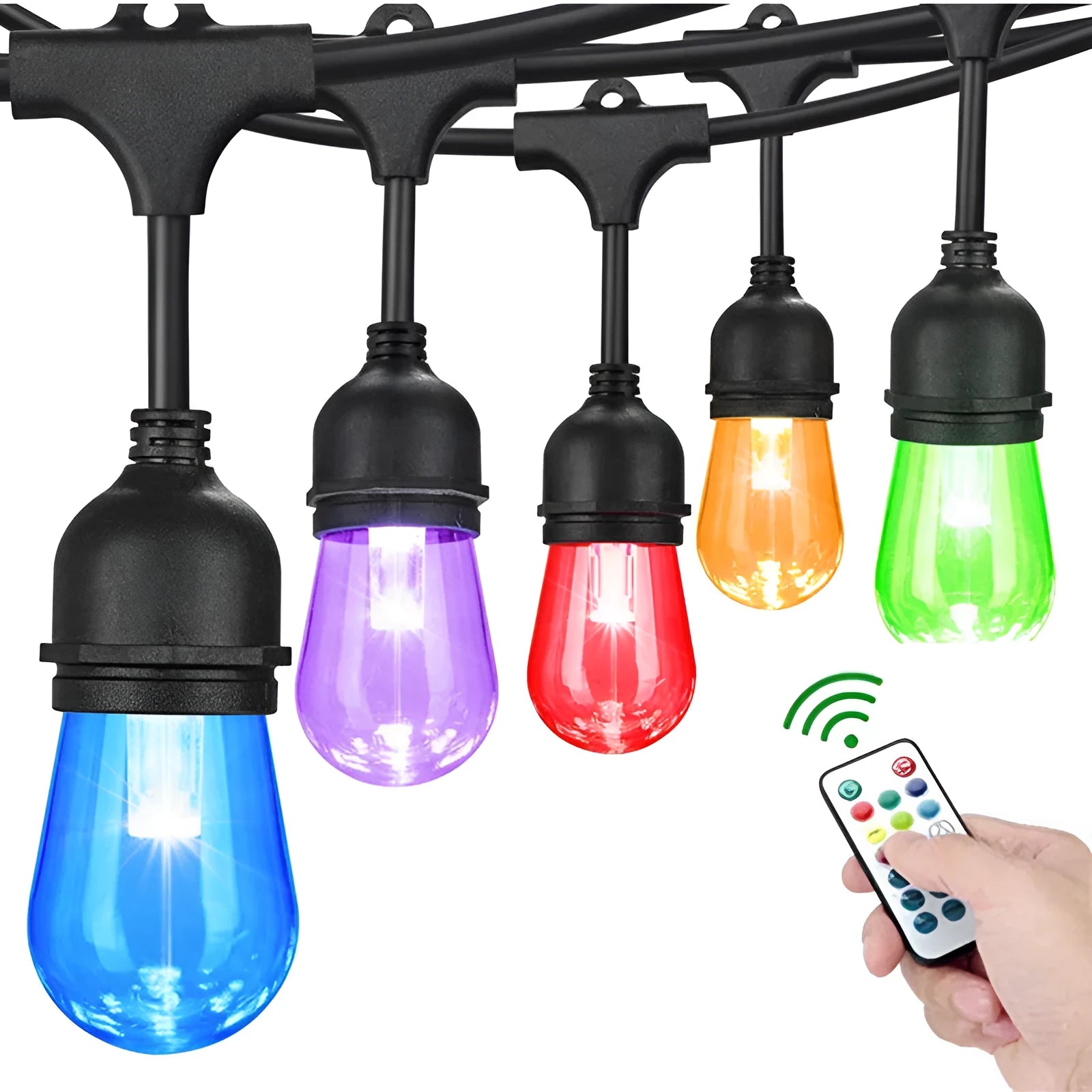 15m RGBW LED string lights with 15 Edison bulbs for outdoor garden patio use