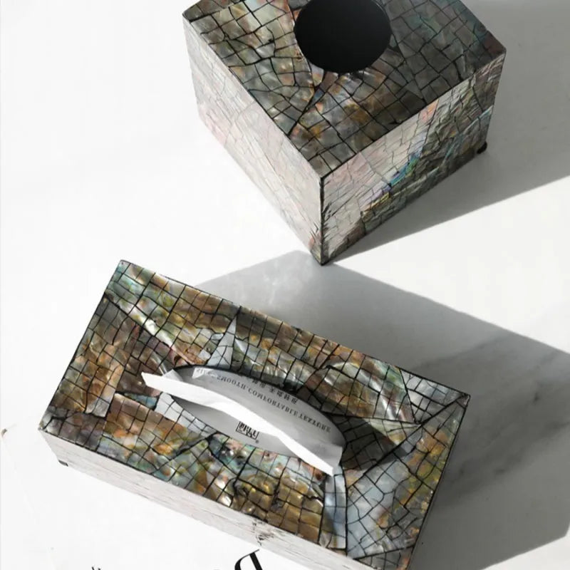 Modern black shell tissue box organiser with removable storage compartments on coffee table