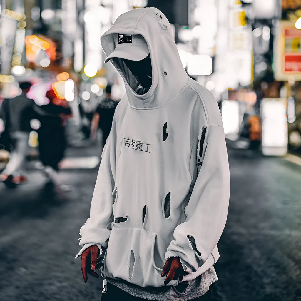White loose ripped hoodie for men with hooded collar and distressed holes, autumn casual wear