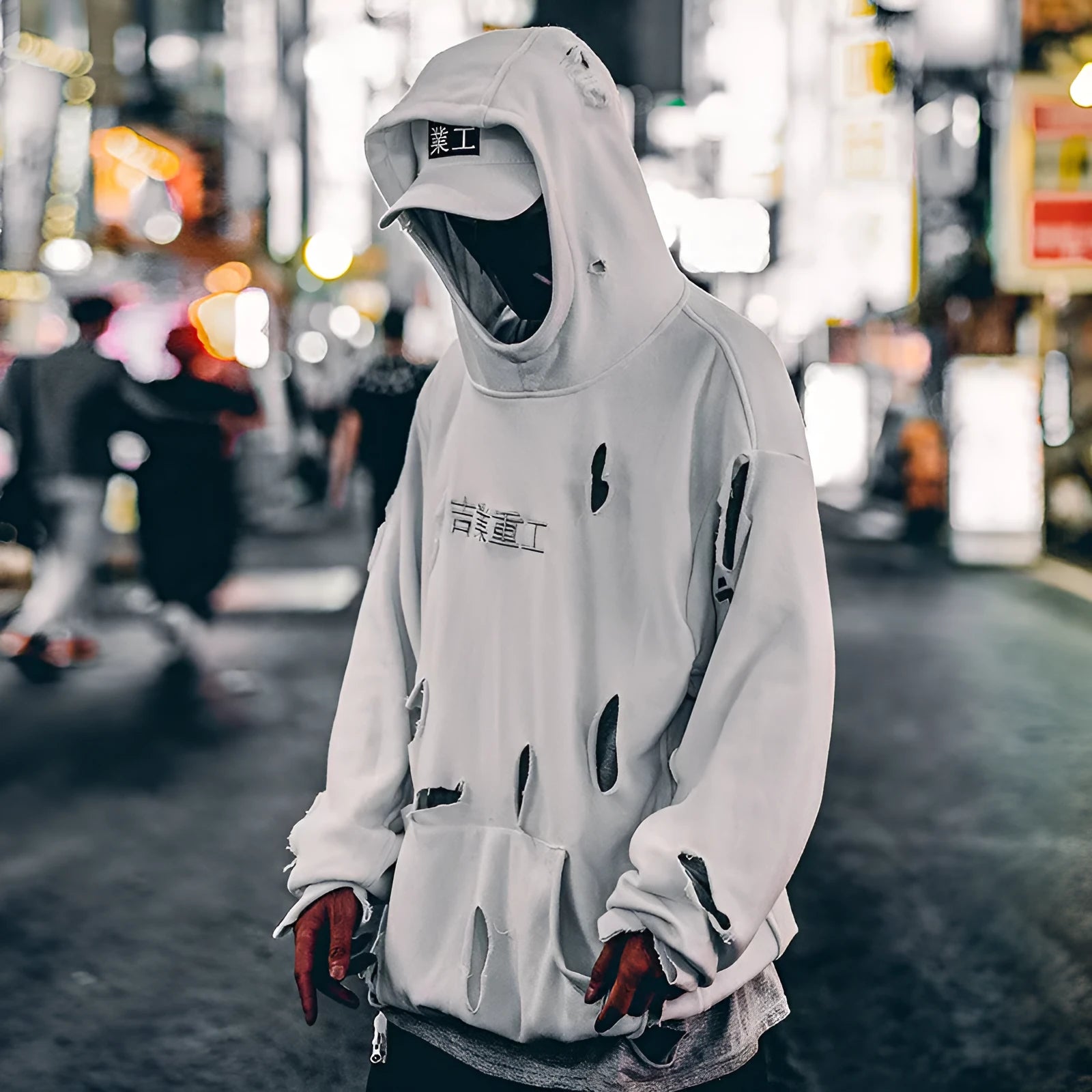 White loose ripped hoodie for men with hooded collar and distressed holes, autumn casual wear