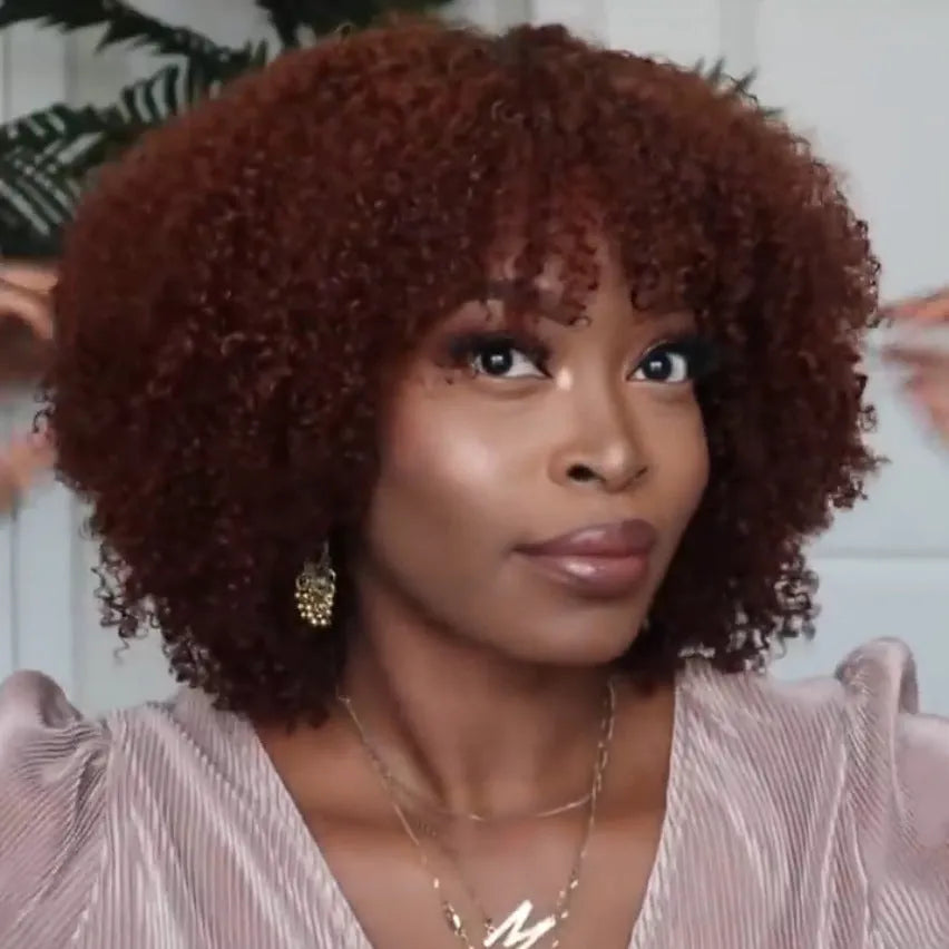 Short curly high temperature silk wig in reddish brown with Qi bangs for women, exotic European-American style