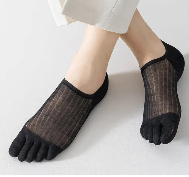 Modal cotton five-finger ultra-thin boat socks in solid colours including black, grey, khaki, and white.