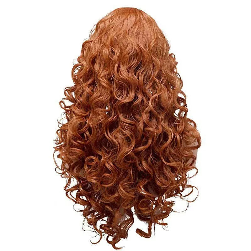 Brown long wavy curly cosplay wig with fluffy texture on display head