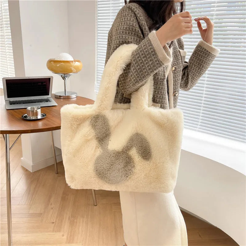 Plush shoulder bag with cartoon rabbit ears design in six colour options