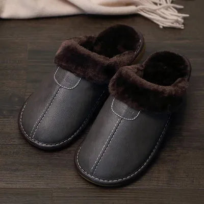 Couple cotton slippers winter home with leather surface and TPR sole in brown
