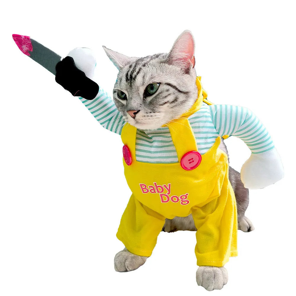 Yellow assassin themed cat costume clothing with sword motif on polyester fabric