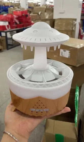 Raindrop humidifier with 350ml capacity, 7 colour nightlight, and essential oil diffuser in white finish