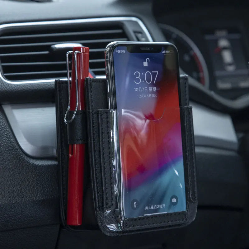 Multifunctional car phone storage bag in beige for seat gap organisation, 90g leather organiser