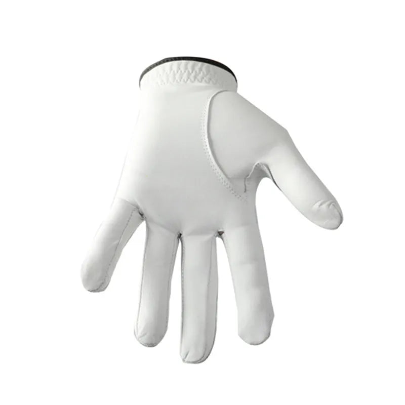 Men's white golf glove with half sheepskin palm for non-slip grip.
